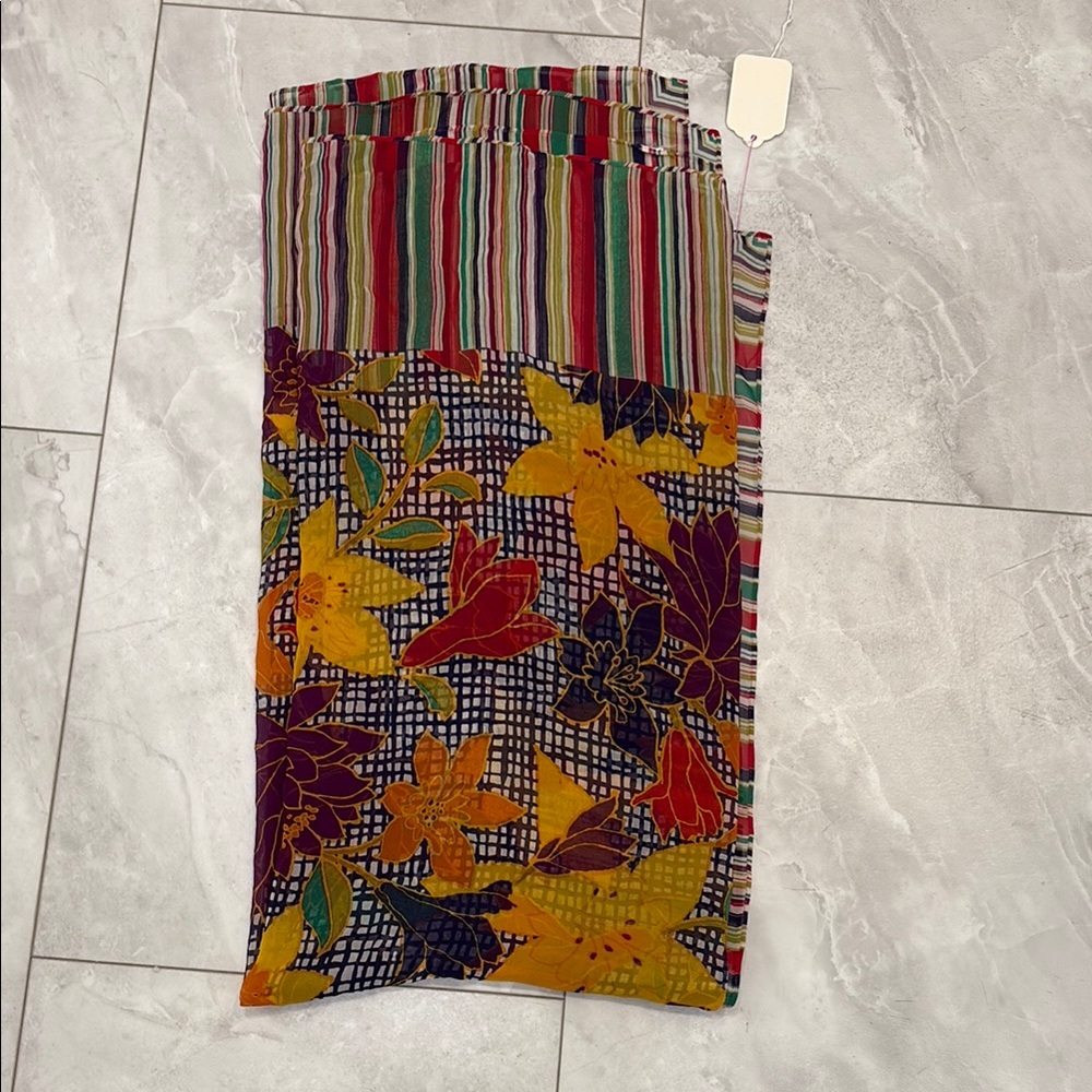 Vintage Bill Blass Floral and Striped Multicolor Scarf